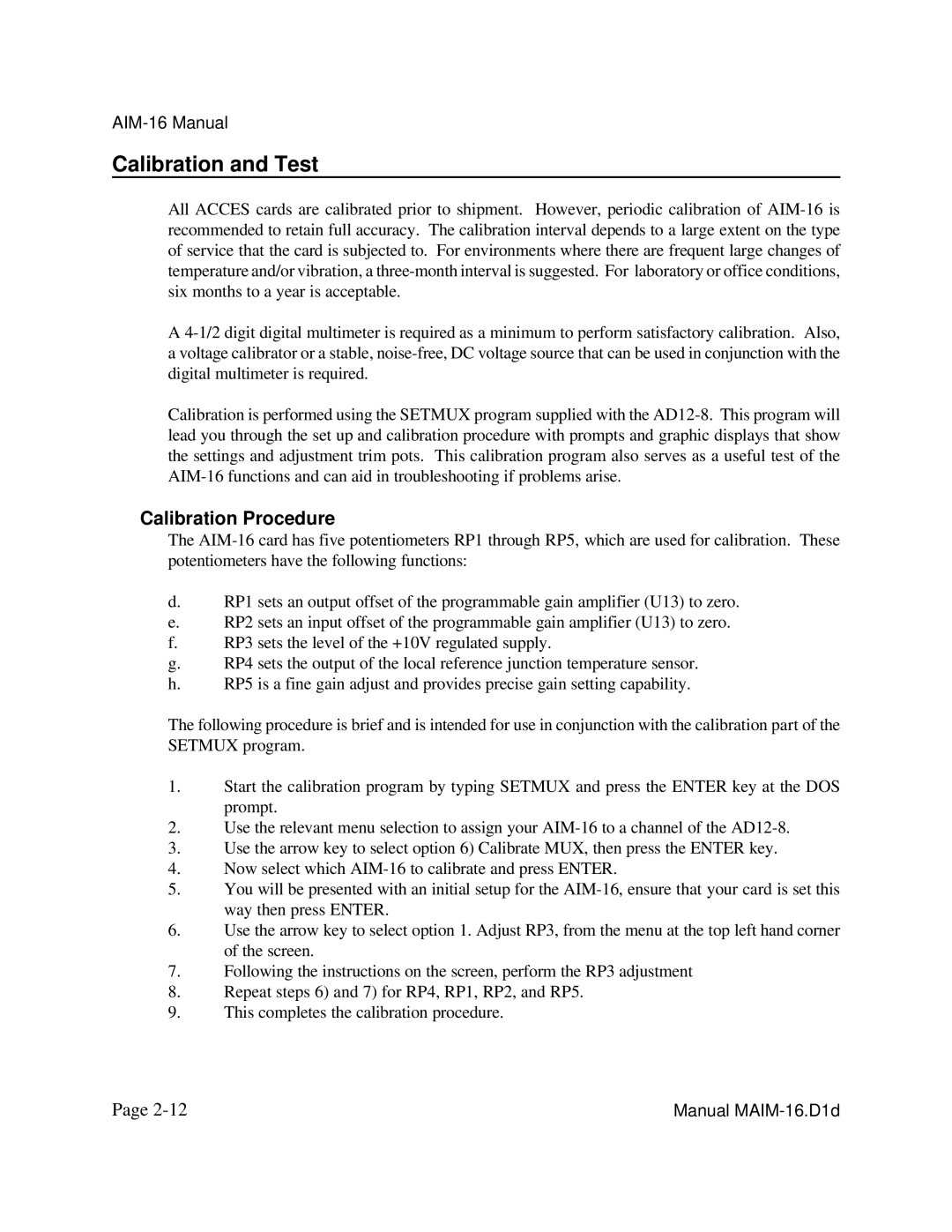 Access AIM-16 user manual Calibration and Test, Calibration Procedure 