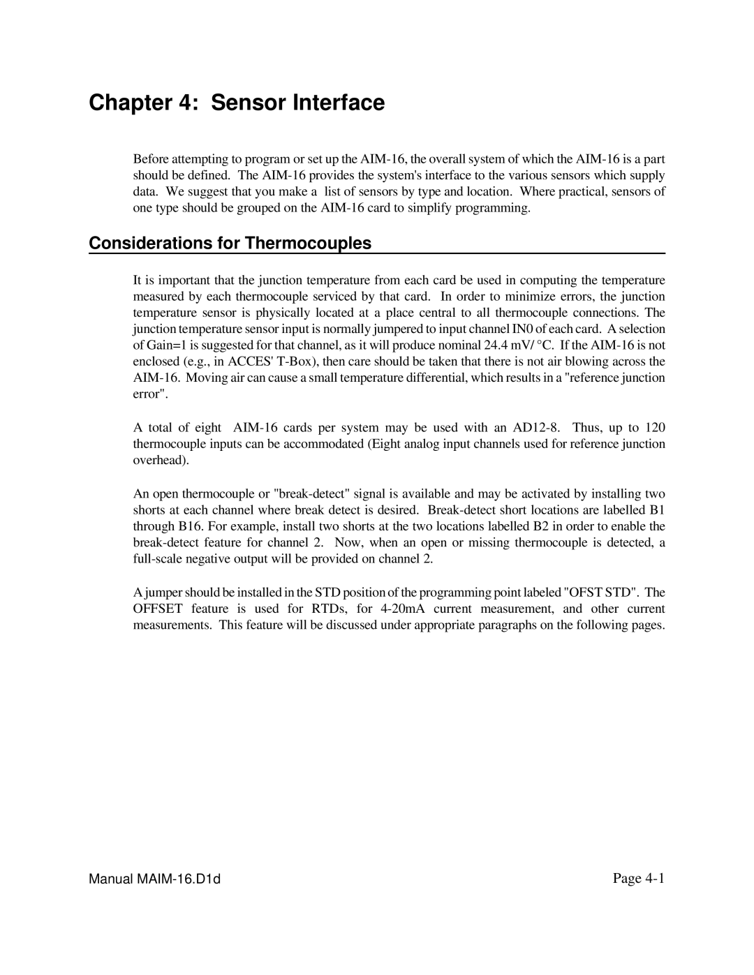 Access AIM-16 user manual Sensor Interface, Considerations for Thermocouples 