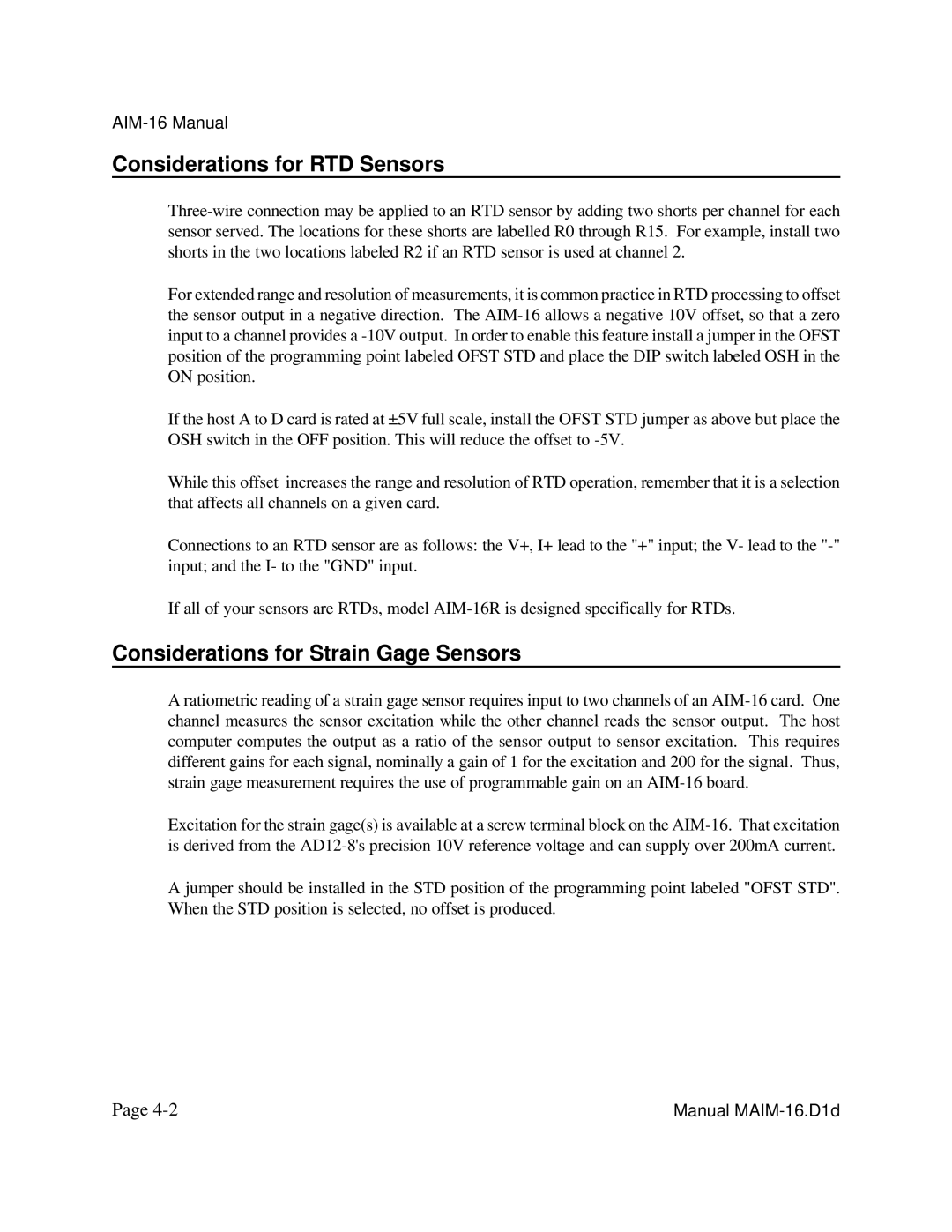 Access AIM-16 user manual Considerations for RTD Sensors, Considerations for Strain Gage Sensors 