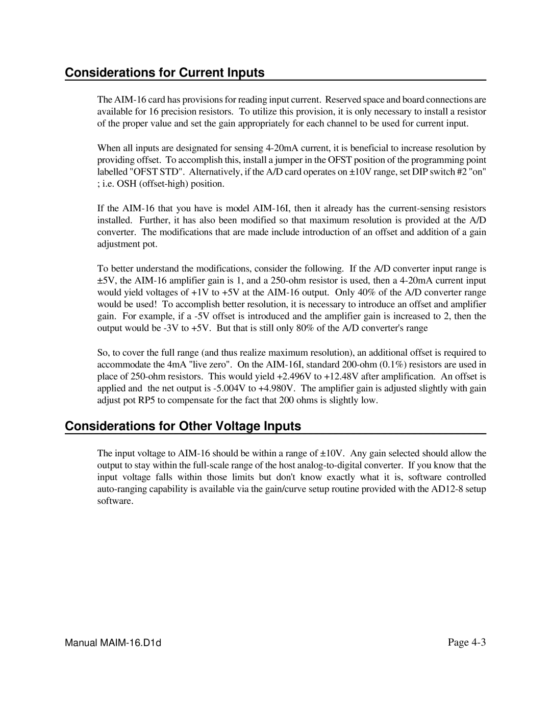 Access AIM-16 user manual Considerations for Current Inputs, Considerations for Other Voltage Inputs 