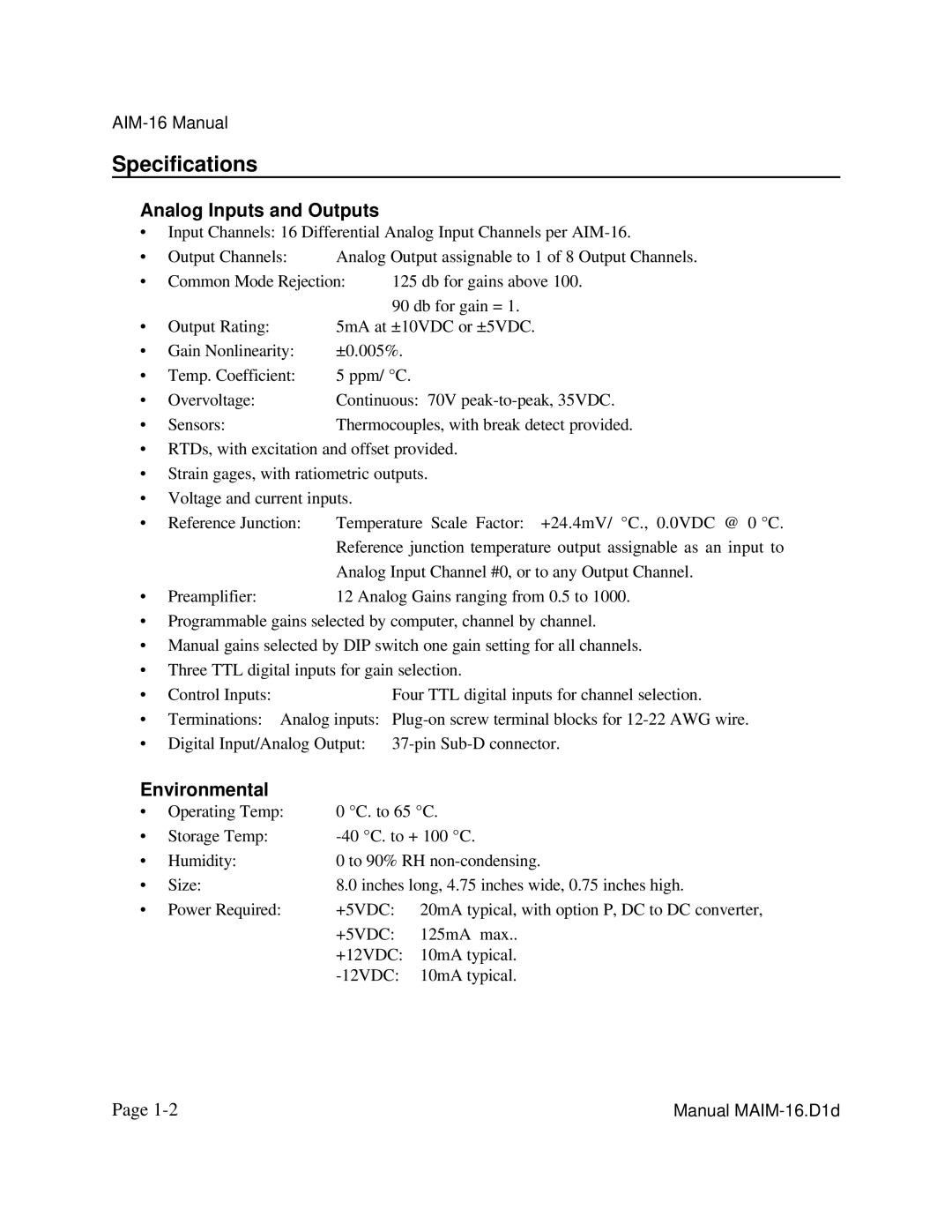 Access AIM-16 user manual Specifications, Analog Inputs and Outputs, Environmental 