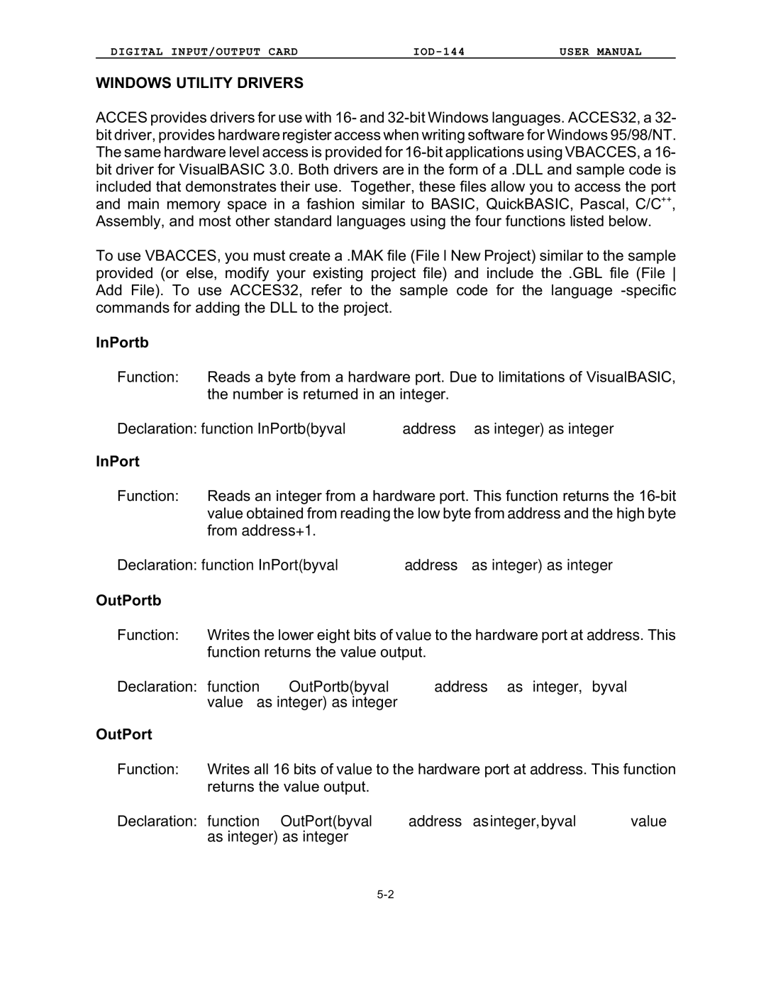 Access IOD-144 user manual Windows Utility Drivers, InPortb 