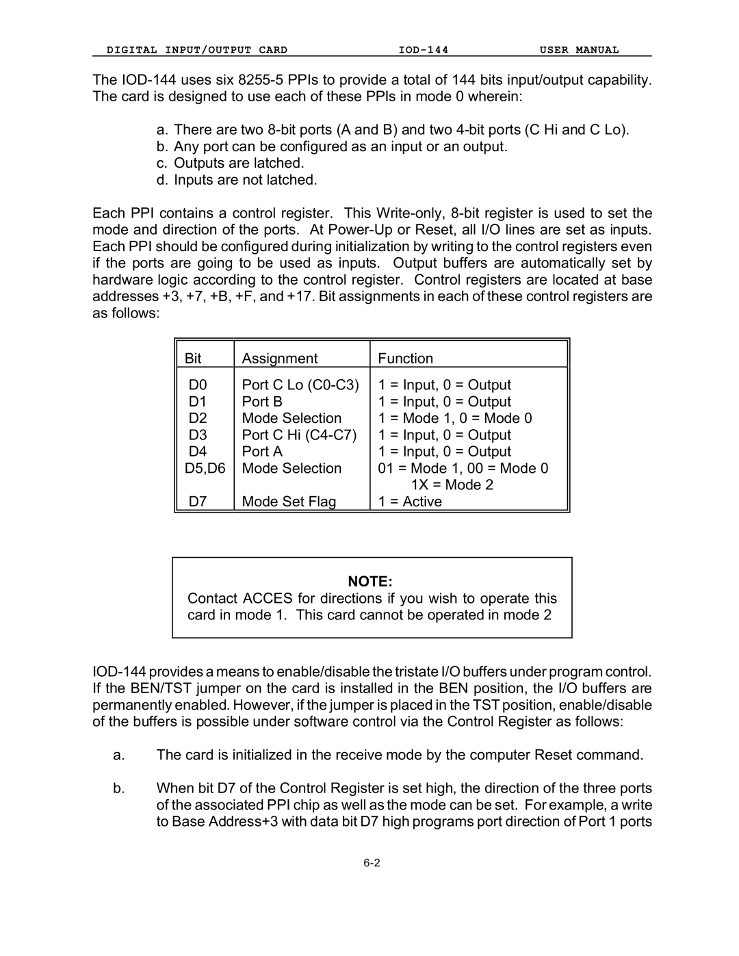 Access IOD-144 user manual Digital INPUT/OUTPUT Card 