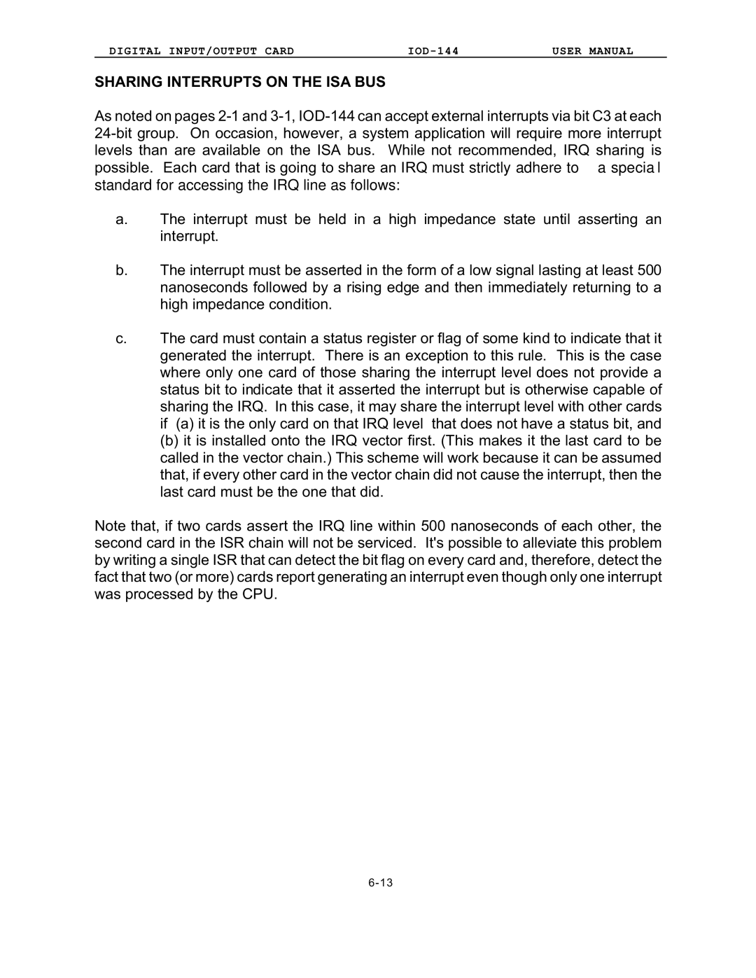 Access IOD-144 user manual Sharing Interrupts on the ISA BUS, Standard for accessing the IRQ line as follows 