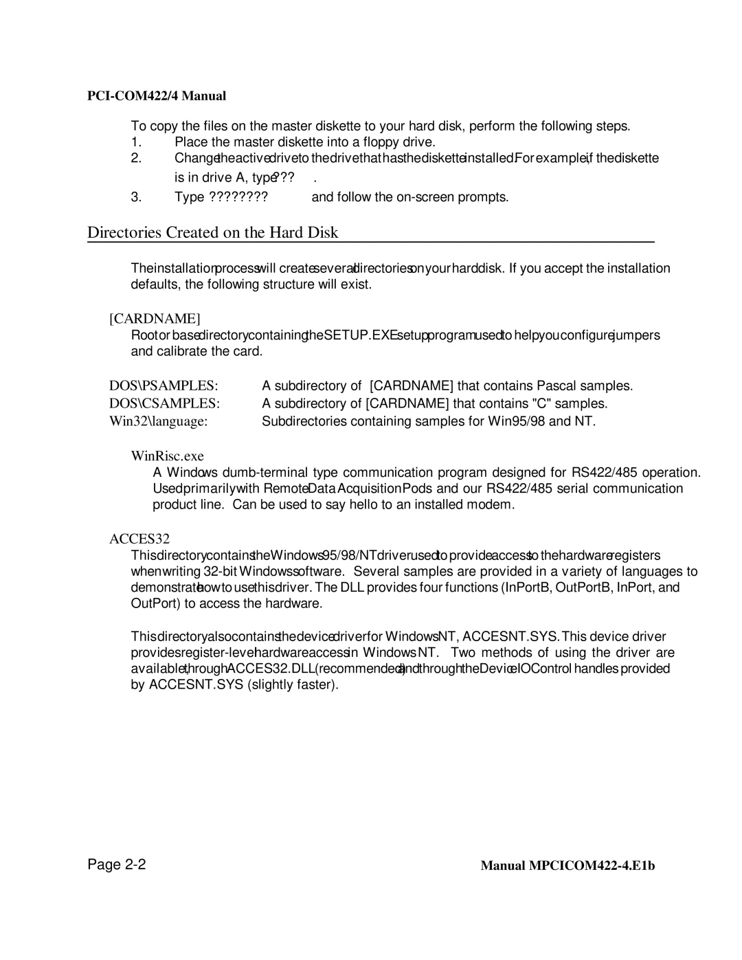 Access PCI-COM422/4 user manual Directories Created on the Hard Disk, WinRisc.exe 