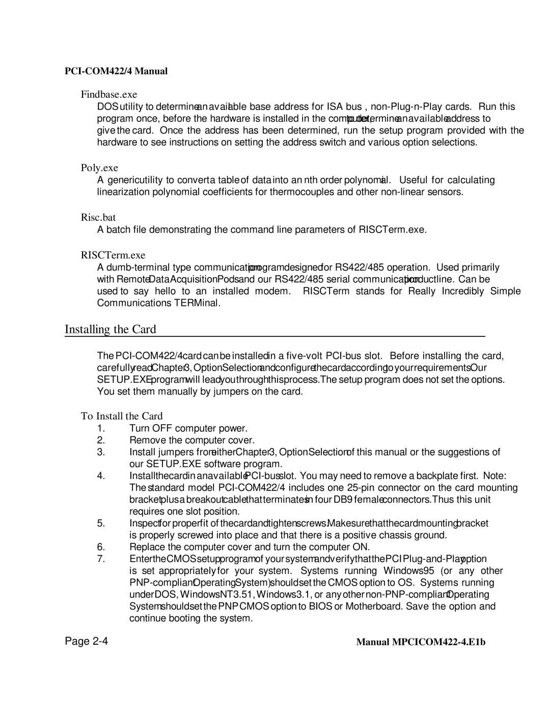 Access PCI-COM422/4 user manual Installing the Card 