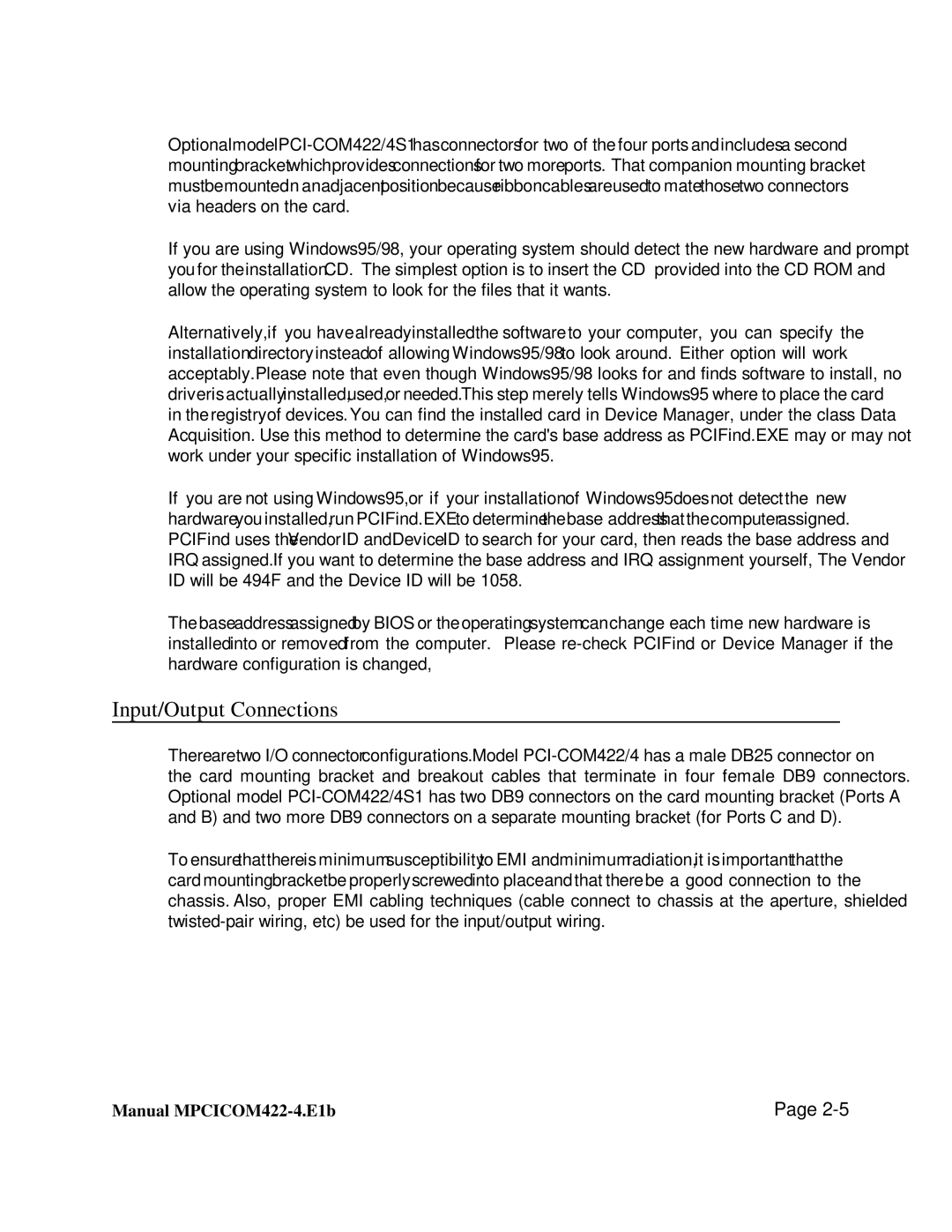 Access PCI-COM422/4 user manual Input/Output Connections 