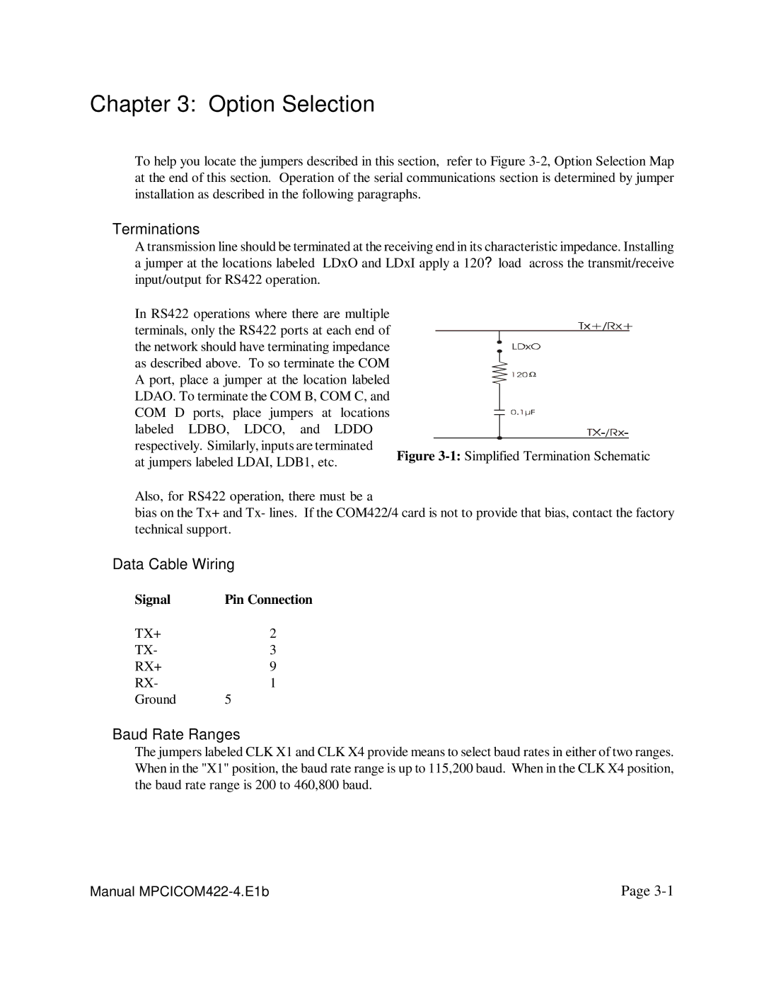 Access PCI-COM422/4 user manual Option Selection, Terminations, Data Cable Wiring, Baud Rate Ranges 