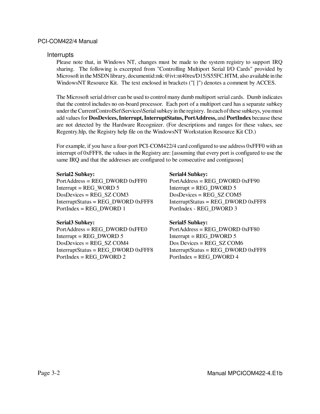 Access PCI-COM422/4 user manual Interrupts, Serial2 Subkey 