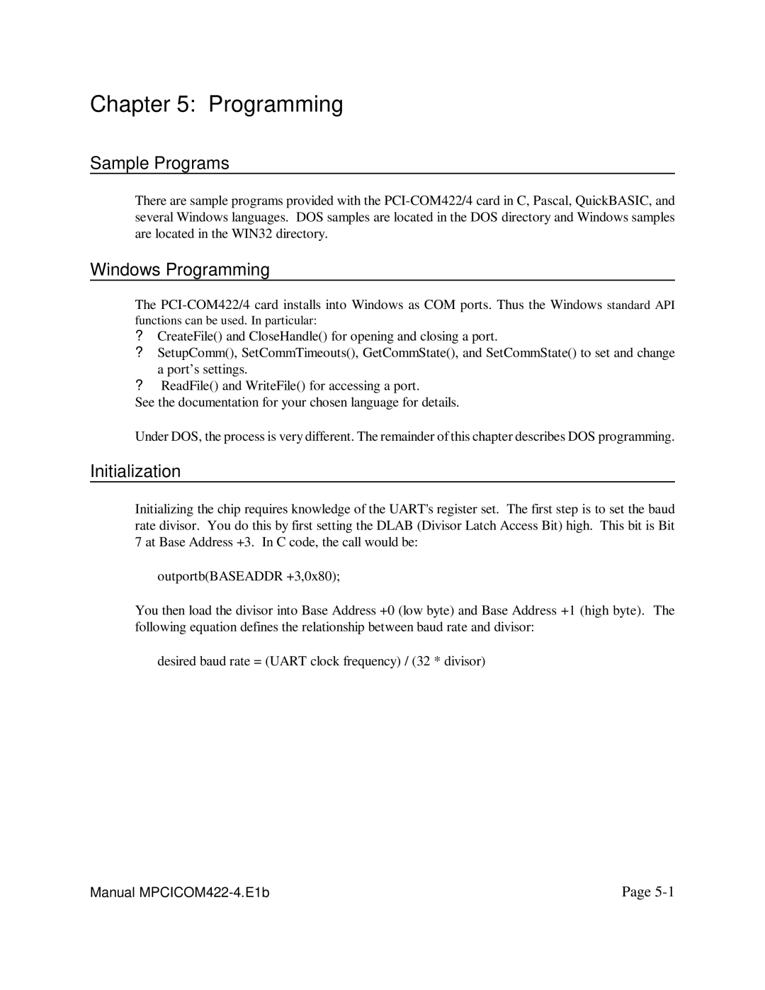 Access PCI-COM422/4 user manual Sample Programs, Windows Programming, Initialization 