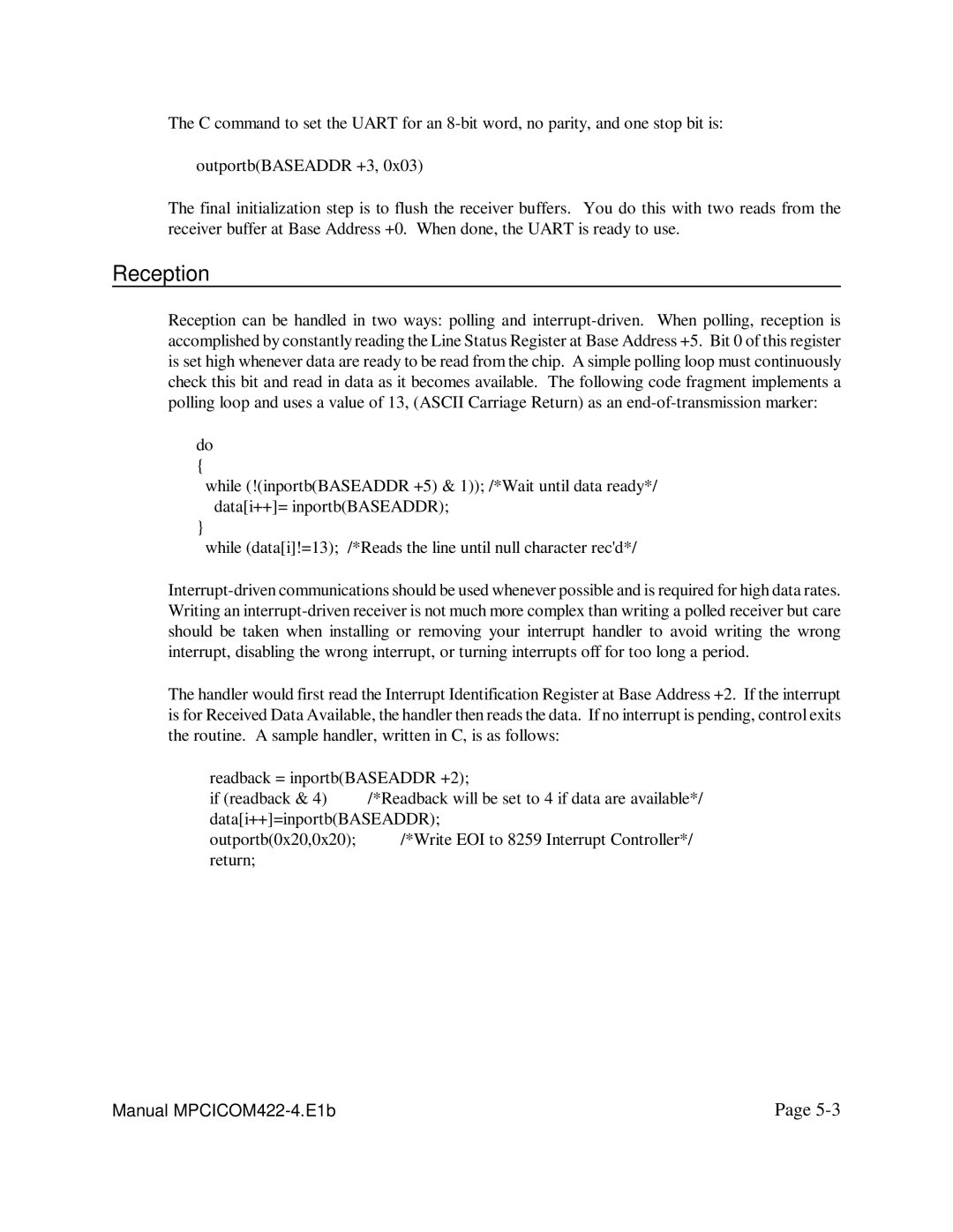 Access PCI-COM422/4 user manual Reception 