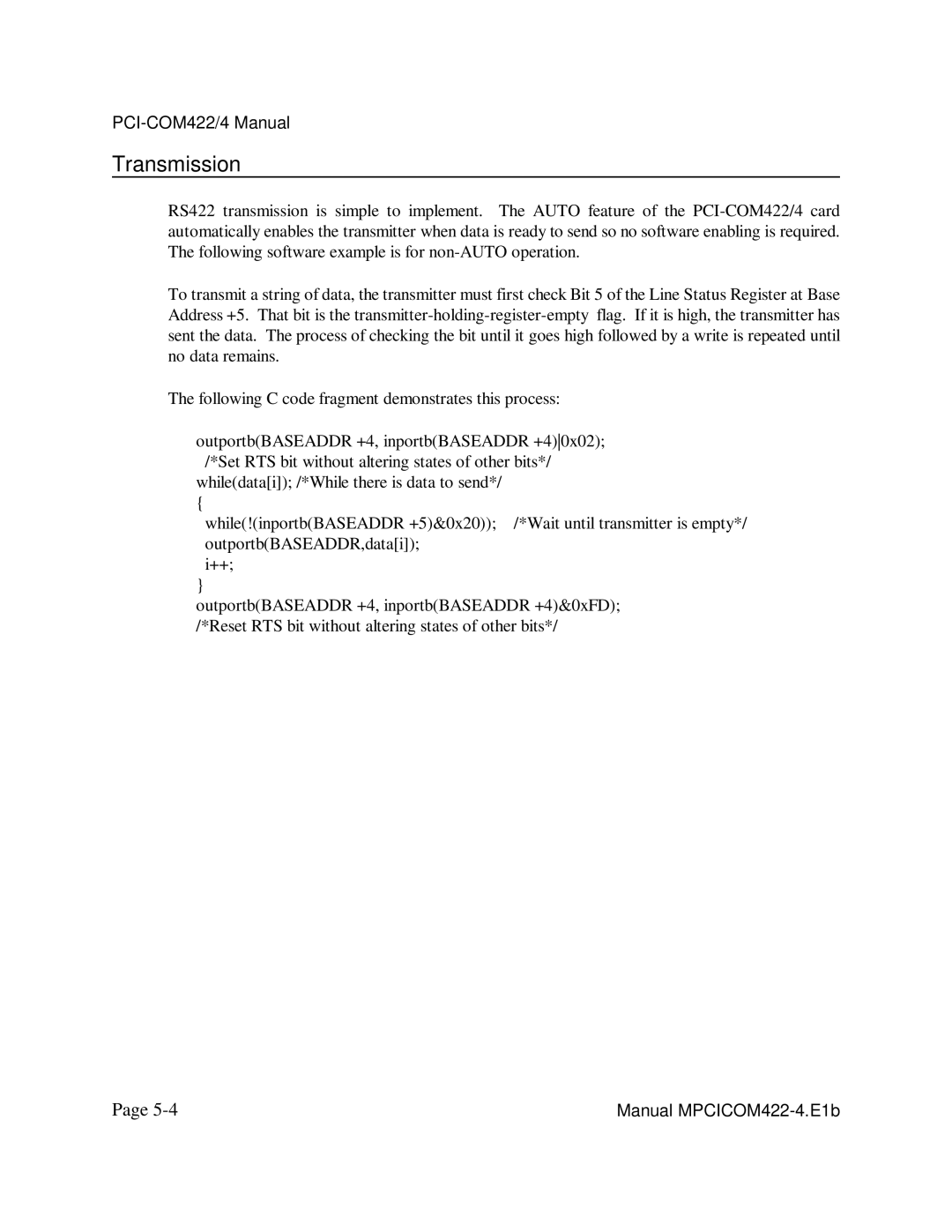 Access PCI-COM422/4 user manual Transmission 