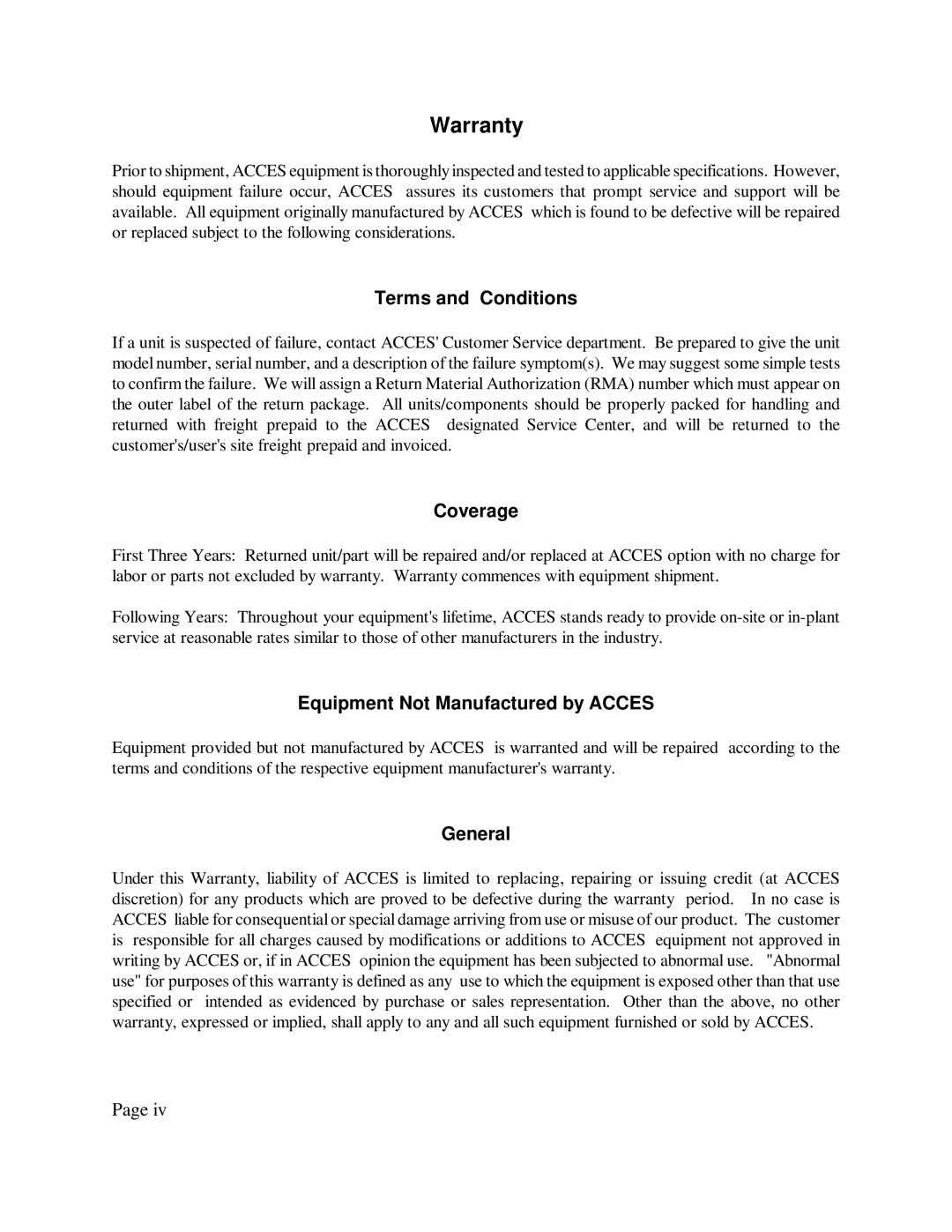 Access PCI-COM422/4 user manual Warranty, Terms and Conditions, Coverage, Equipment Not Manufactured by Acces, General 