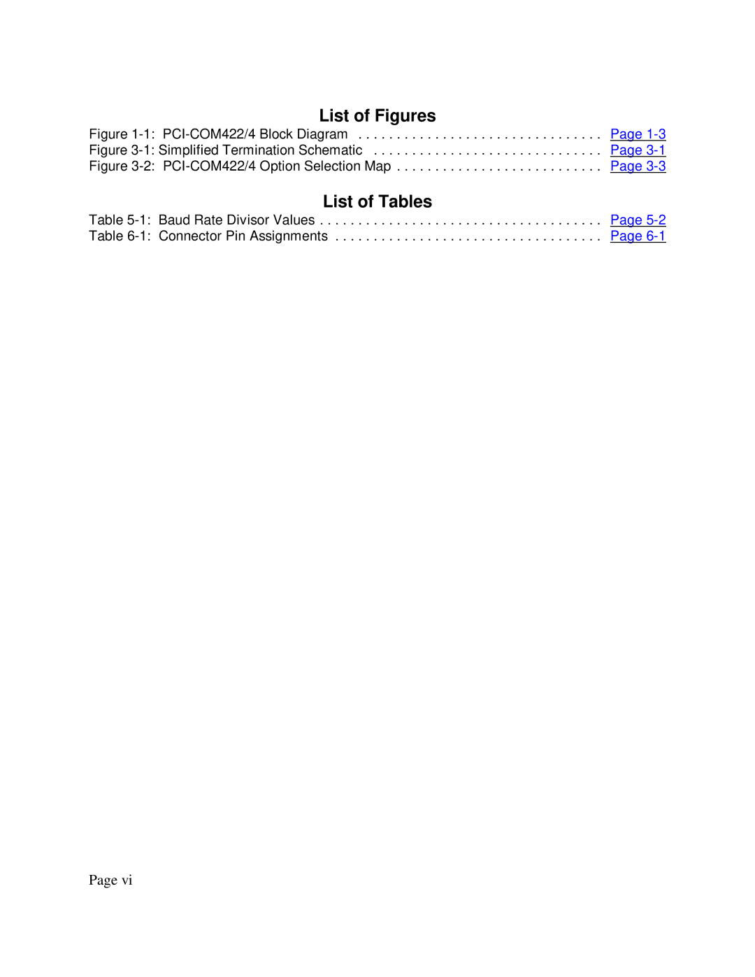 Access PCI-COM422/4 user manual List of Figures, List of Tables 