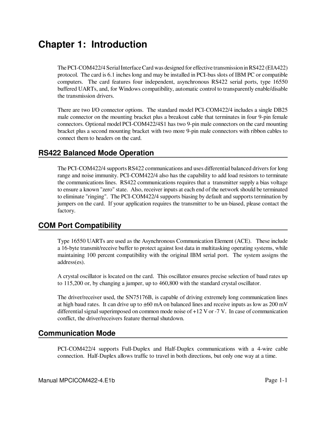 Access PCI-COM422/4 user manual Introduction, RS422 Balanced Mode Operation, COM Port Compatibility, Communication Mode 