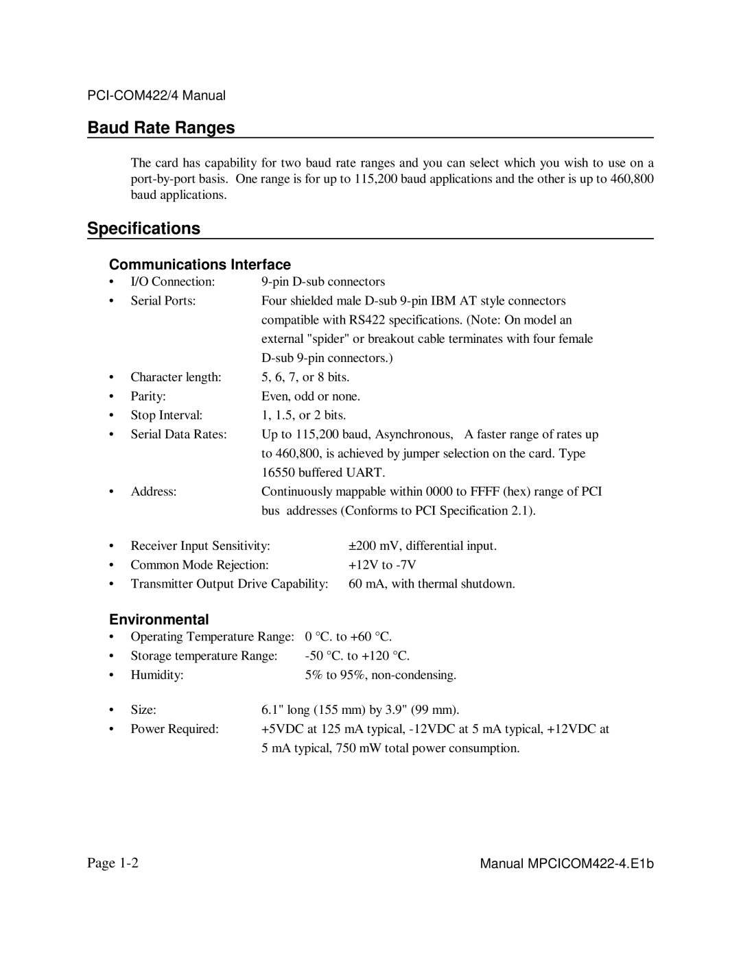 Access PCI-COM422/4 user manual Baud Rate Ranges, Specifications, Communications Interface, Environmental 