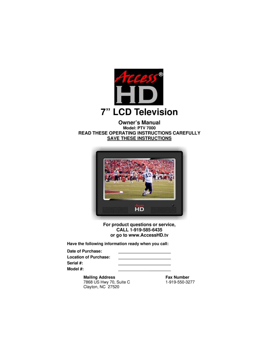 Access PTV 7000 owner manual LCD Television 