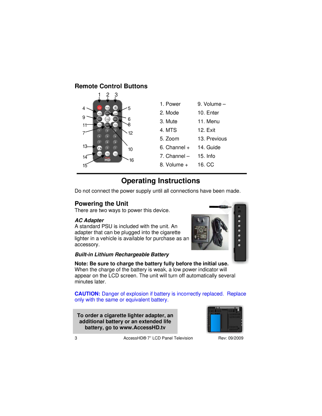 Access PTV 7000 owner manual Operating Instructions, Remote Control Buttons, Powering the Unit, AC Adapter 