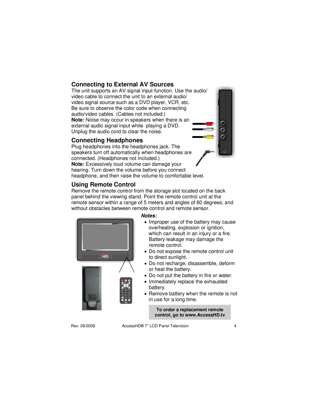 Access PTV 7000 owner manual Connecting to External AV Sources, Connecting Headphones, Using Remote Control 