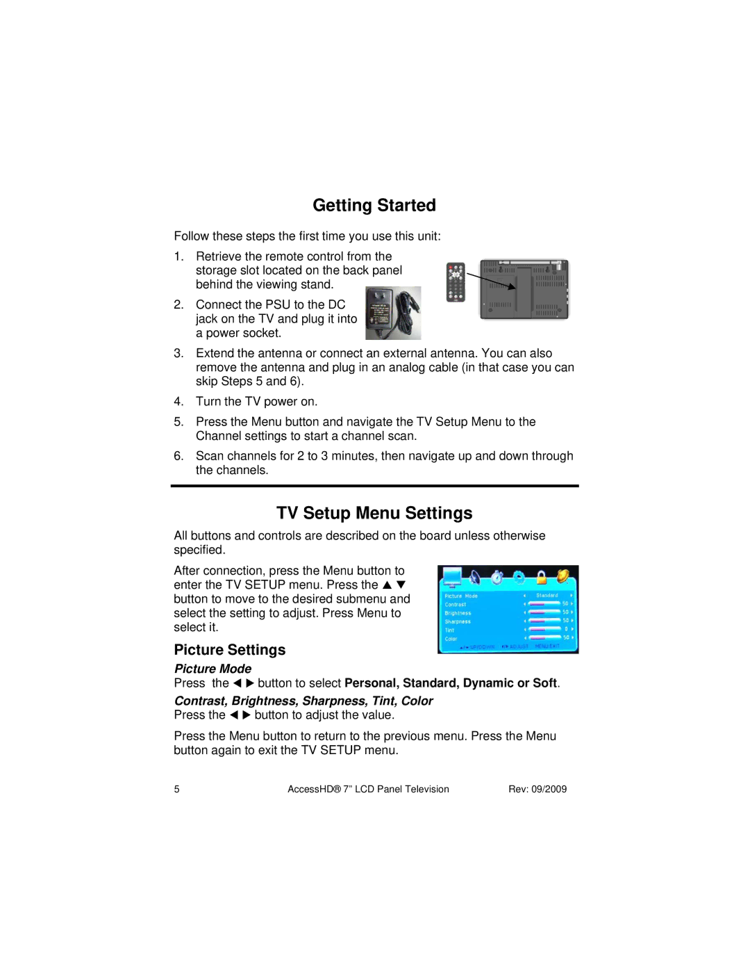 Access PTV 7000 owner manual Getting Started, TV Setup Menu Settings, Picture Settings, Picture Mode 