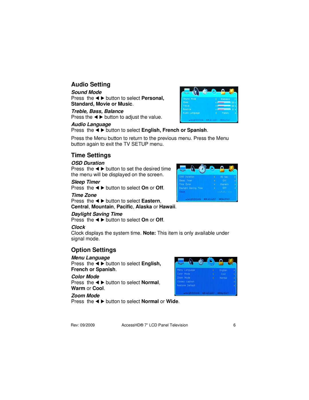 Access PTV 7000 owner manual Audio Setting, Time Settings, Option Settings 