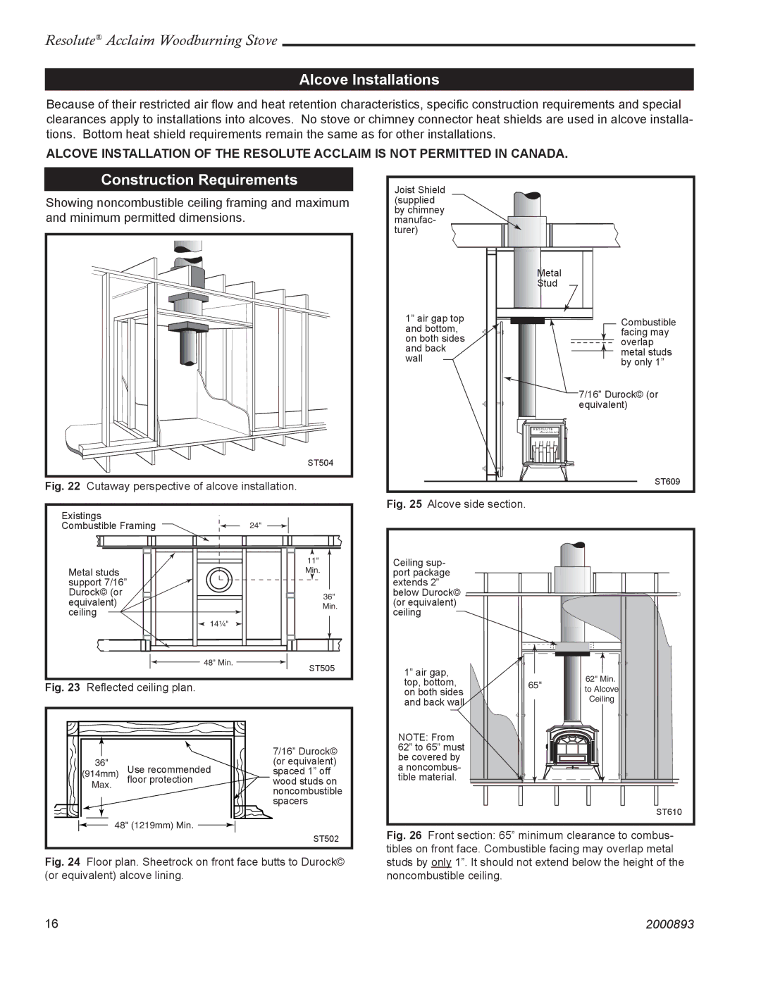 Acclaim Lighting 2490 installation instructions Alcove Installations, Construction Requirements 