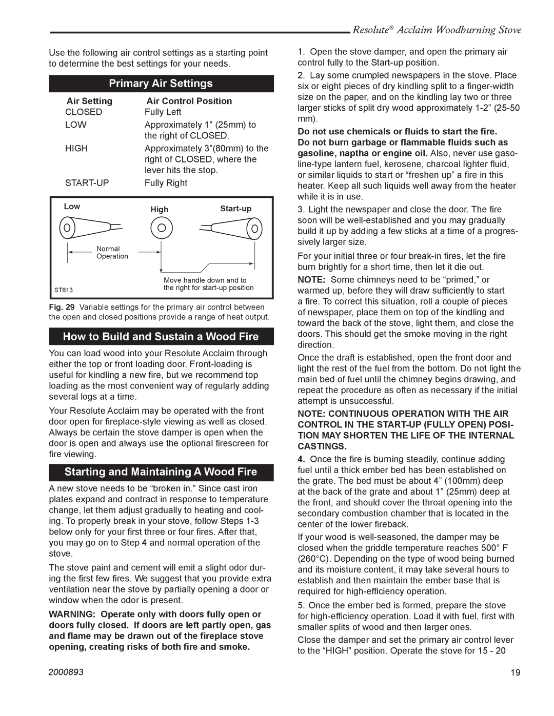 Acclaim Lighting 2490 Primary Air Settings, How to Build and Sustain a Wood Fire, Starting and Maintaining a Wood Fire 