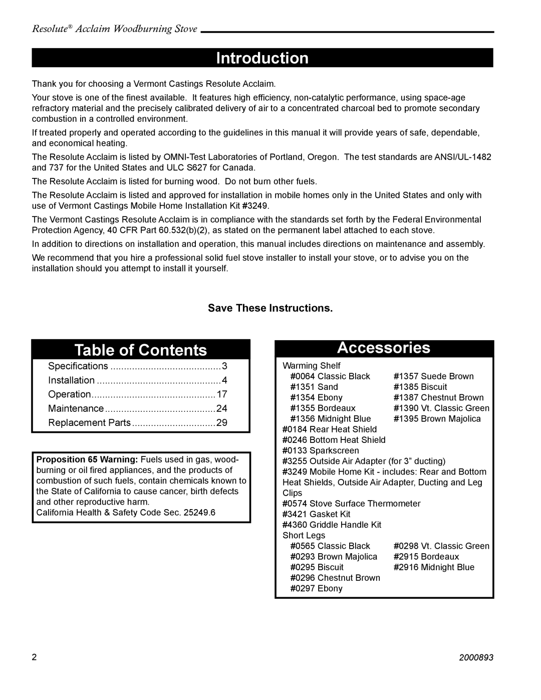 Acclaim Lighting 2490 installation instructions Introduction, Table of Contents, Accessories 