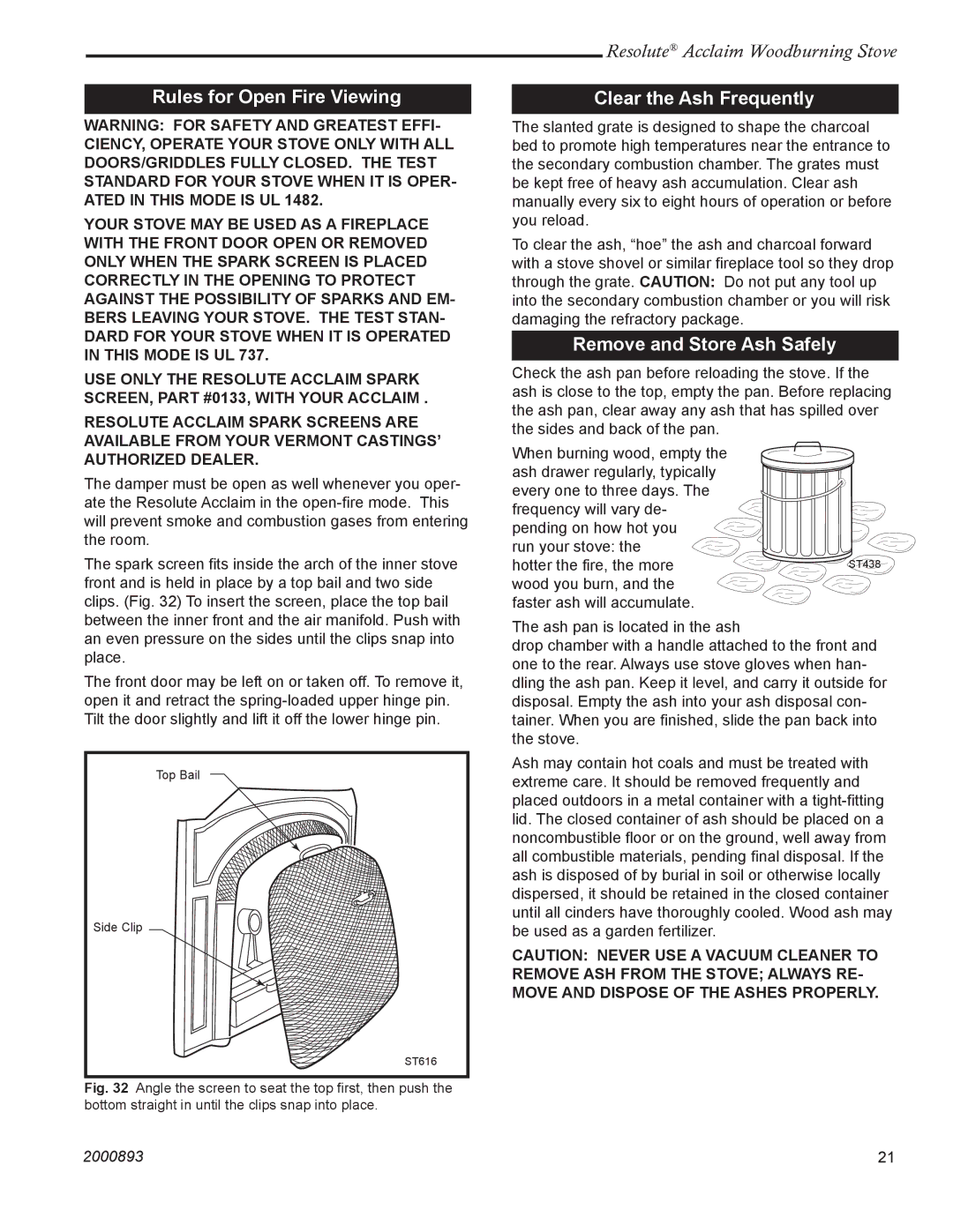 Acclaim Lighting 2490 Rules for Open Fire Viewing, Clear the Ash Frequently, Remove and Store Ash Safely 