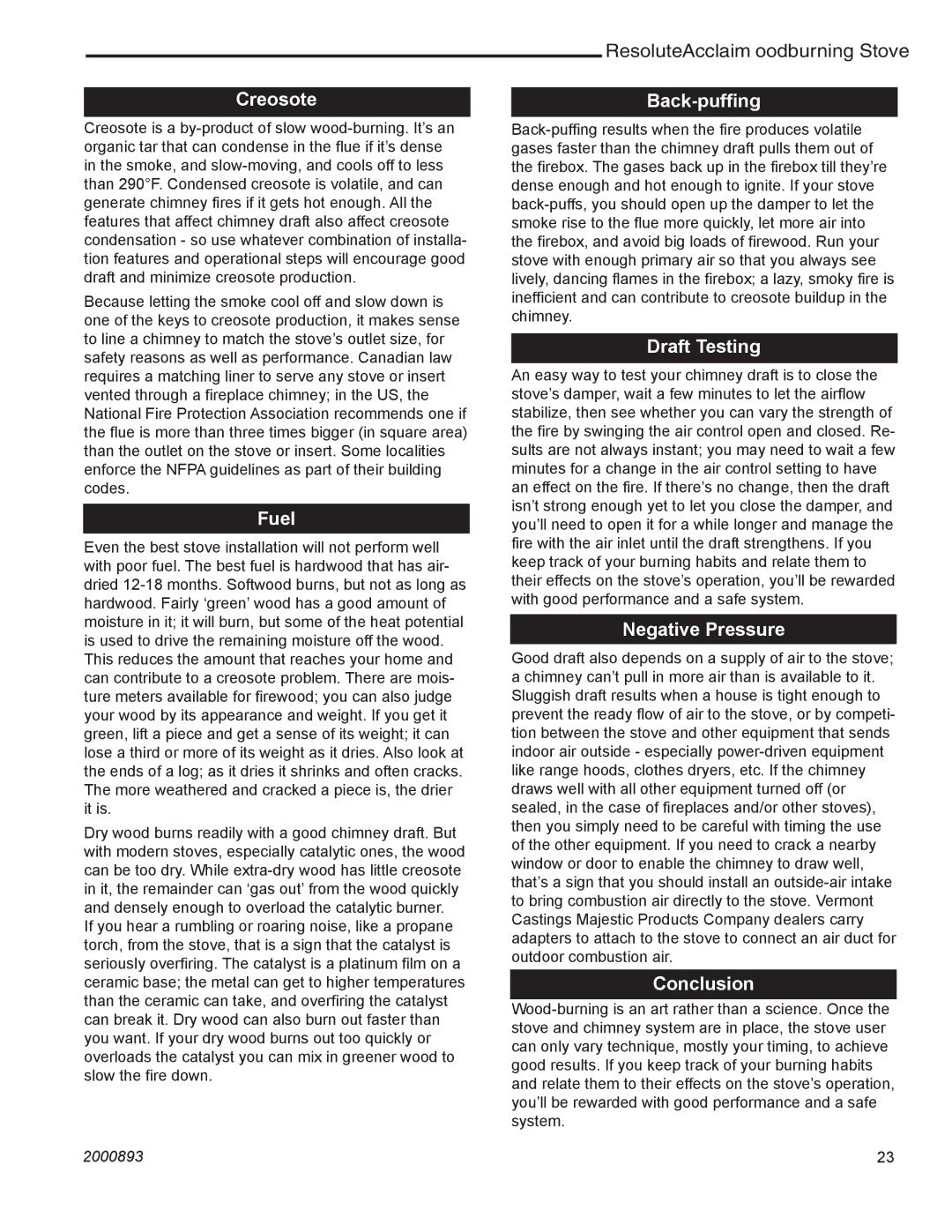 Acclaim Lighting 2490 installation instructions Creosote, Fuel, Back-puffing, Draft Testing, Negative Pressure, Conclusion 