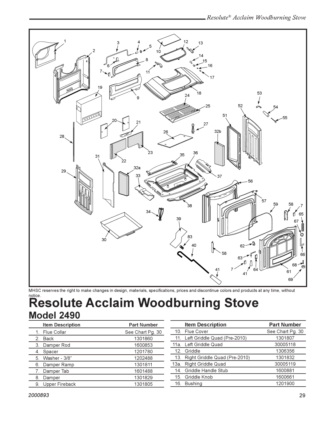 Acclaim Lighting 2490 installation instructions Resolute Acclaim Woodburning Stove, Item Description Part Number 