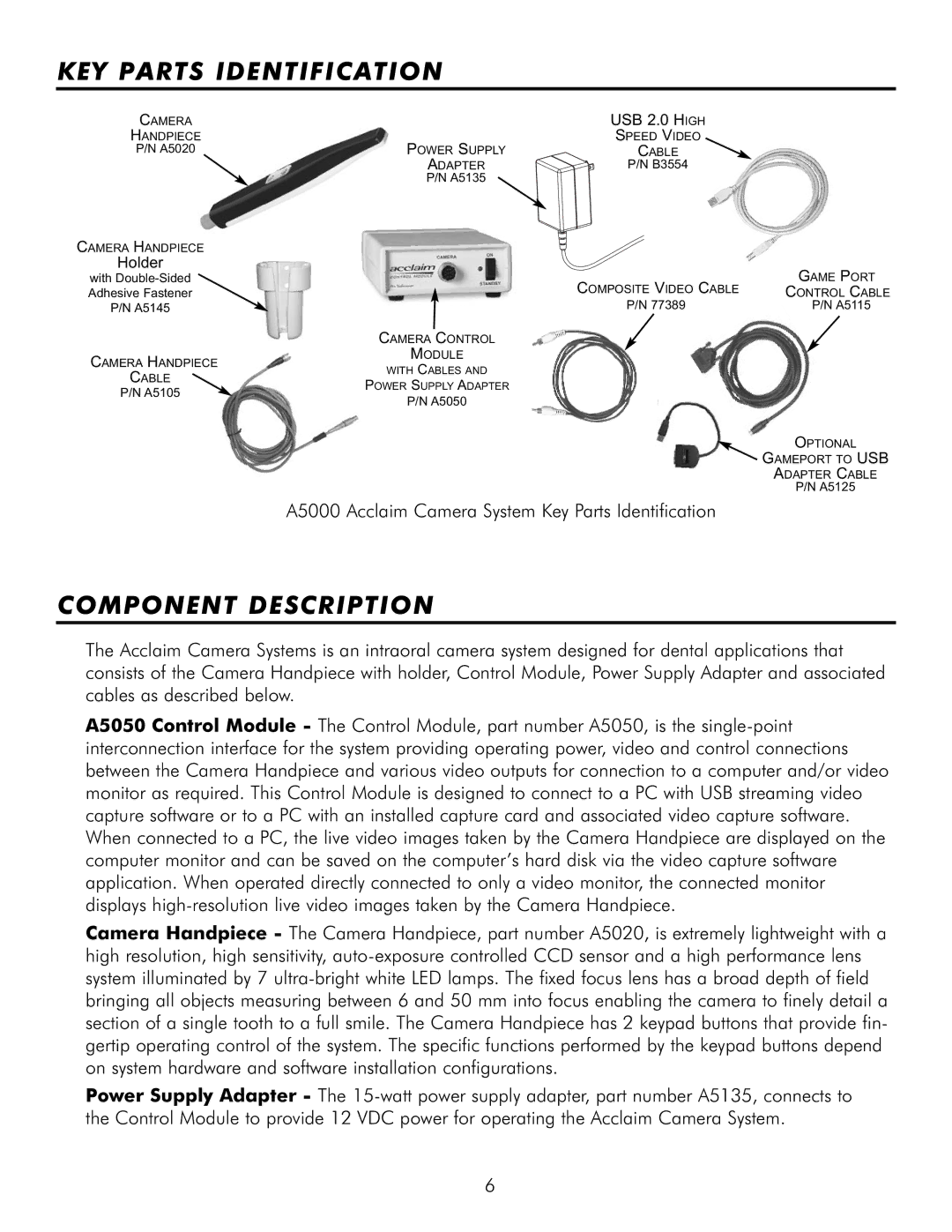 Acclaim Lighting A5000 manual KEY Parts Identification, Component Description 