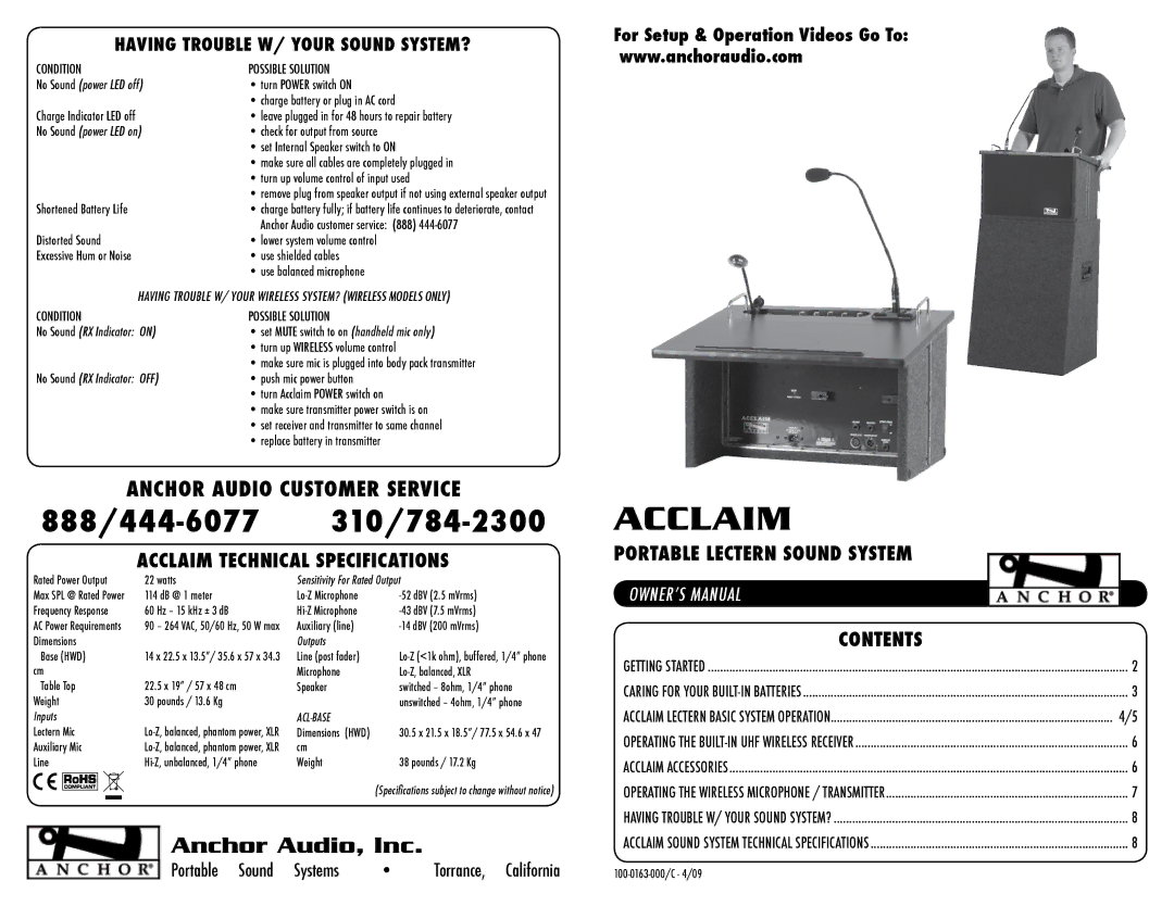 Acclaim Lighting ACL7500U1 technical specifications Acclaim Technical Specifications, Contents 