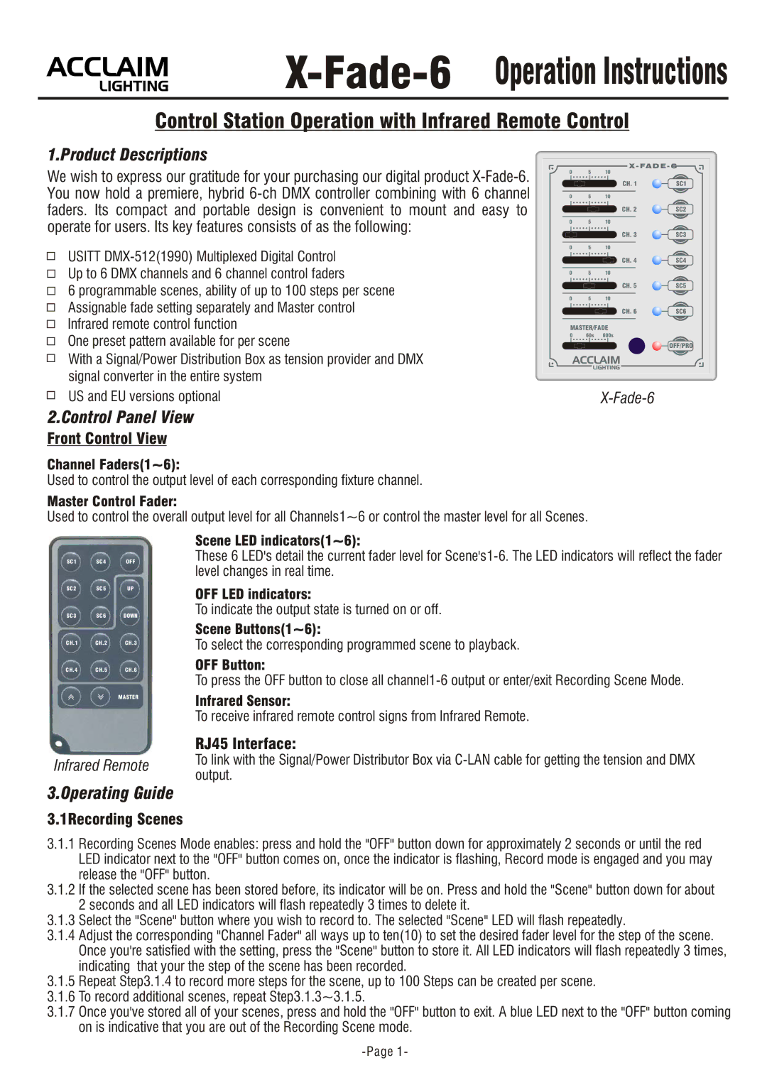 Acclaim Lighting X-FADE-6 manual Product Descriptions, Control Panel View, Operating Guide 