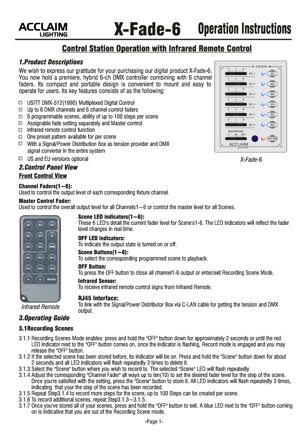 Acclaim Lighting X-FADE-6 manual Product Descriptions, Control Panel View, Operating Guide, Front Control View, X-Fade-6 