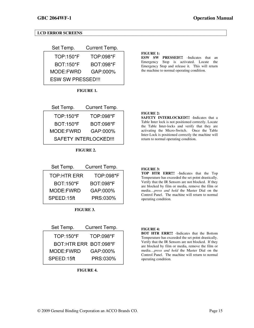 ACCO Brands GBC 2064WF-1 operation manual BOT150*F BOT098*F Modefwrd GAP000% ESW SW Pressed, LCD Error Screens 