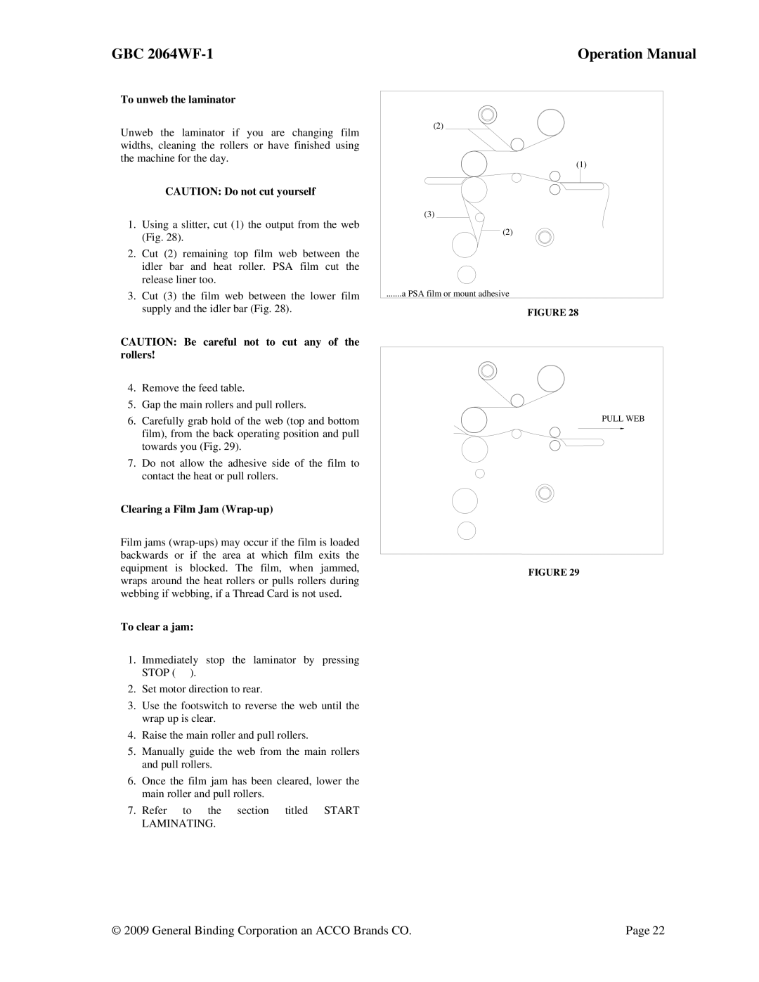 ACCO Brands GBC 2064WF-1 operation manual To unweb the laminator, Clearing a Film Jam Wrap-up, To clear a jam 