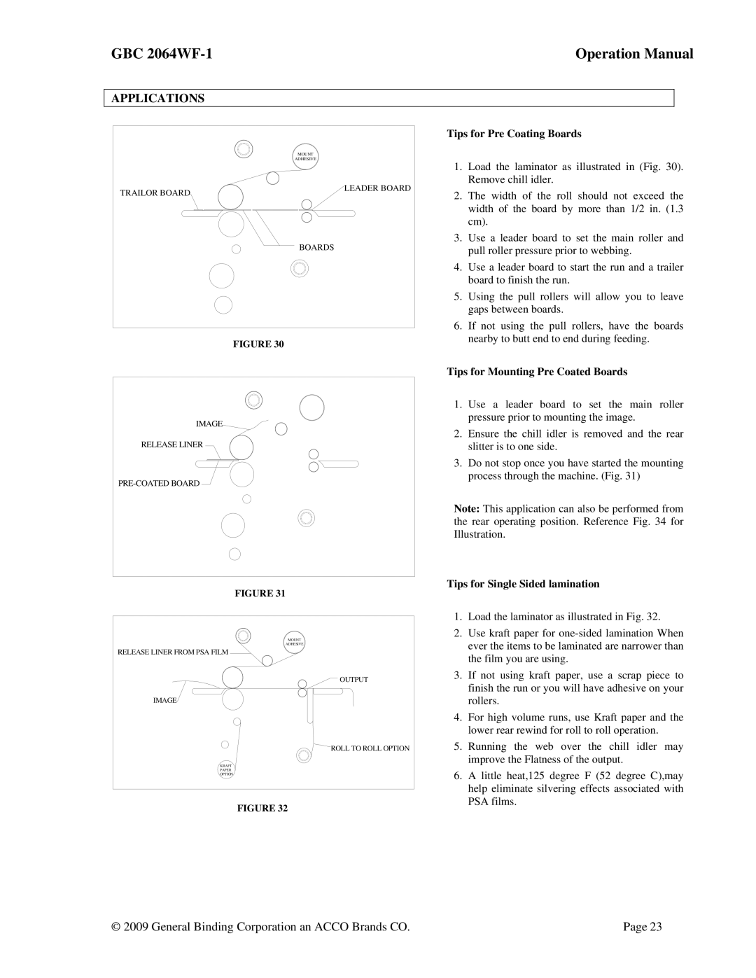 ACCO Brands GBC 2064WF-1 operation manual Applications, Tips for Pre Coating Boards, Tips for Mounting Pre Coated Boards 