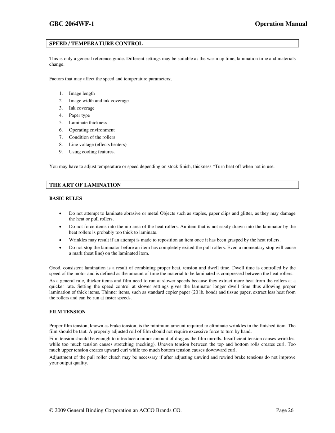 ACCO Brands GBC 2064WF-1 operation manual Speed / Temperature Control, ART of Lamination 