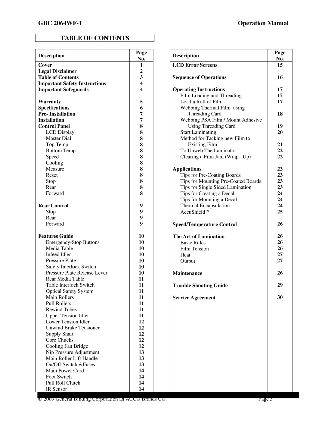 ACCO Brands GBC 2064WF-1 operation manual Table of Contents 