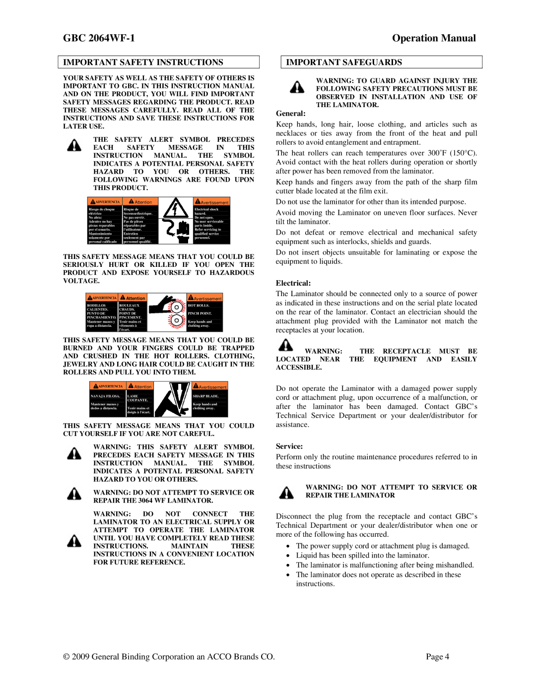 ACCO Brands GBC 2064WF-1 operation manual Important Safety Instructions, Important Safeguards, General, Electrical, Service 