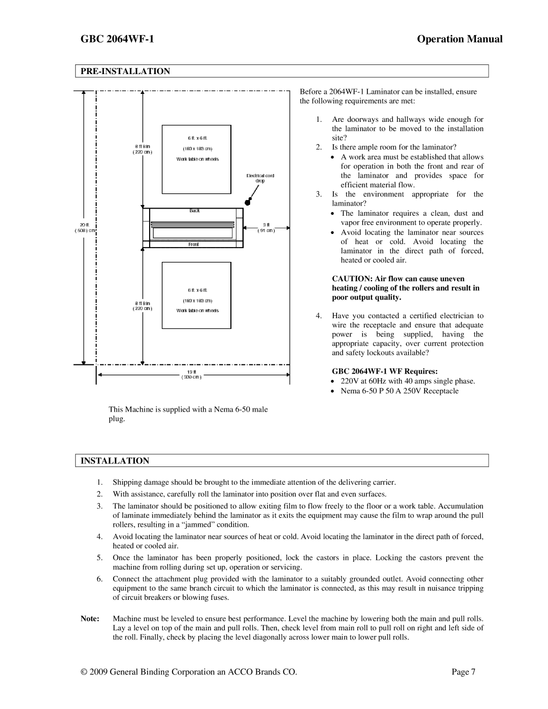 ACCO Brands operation manual Pre-Installation, GBC 2064WF-1 WF Requires 