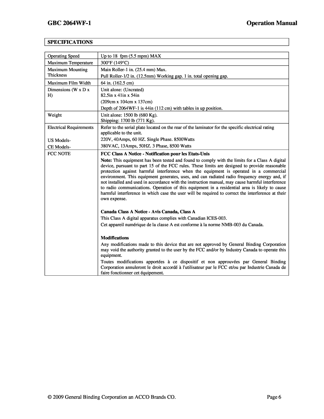 ACCO Brands GBC 2064WF-1 operation manual FCC Class A Notice - Notification pour les Etats-Unis, Modifications 