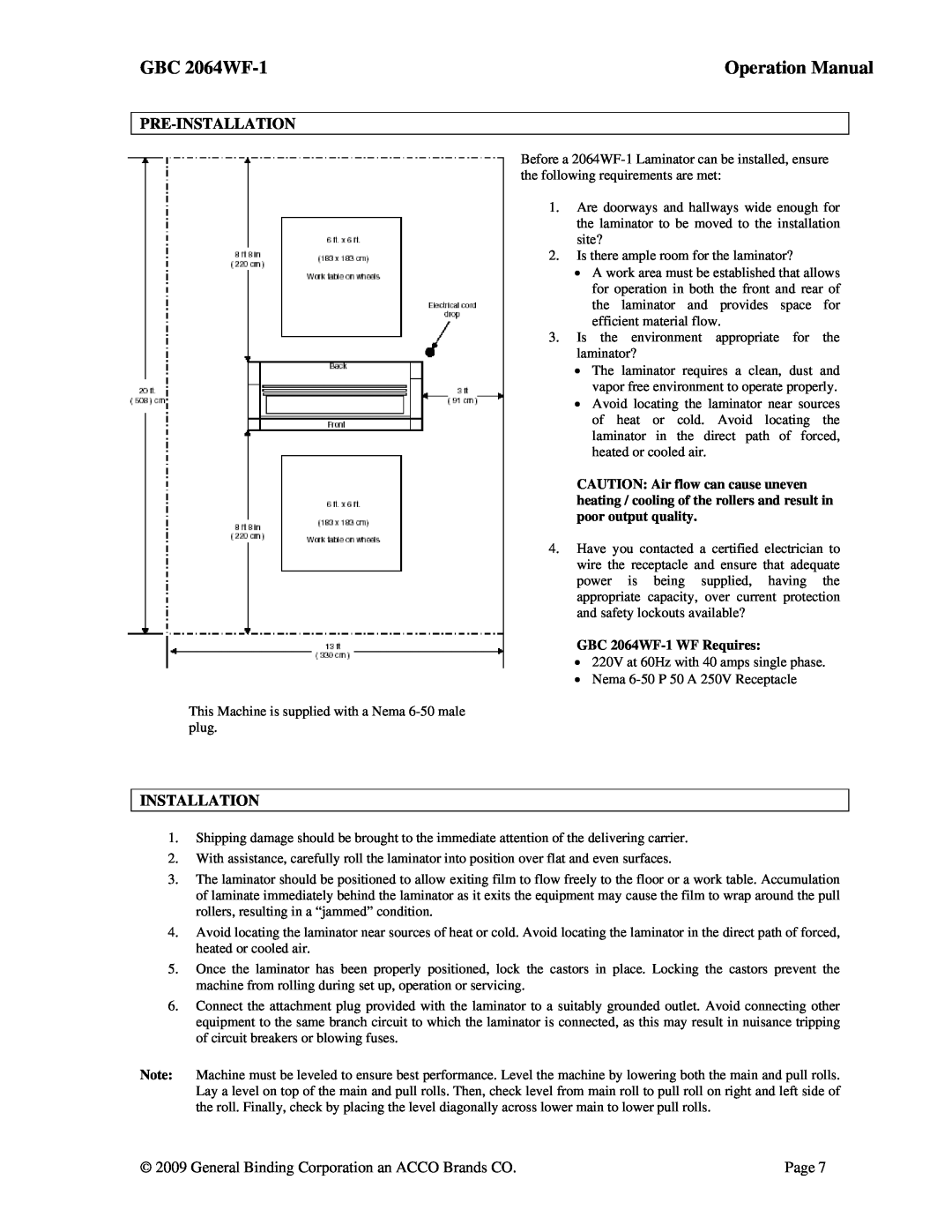 ACCO Brands operation manual Pre-Installation, GBC 2064WF-1 WF Requires 