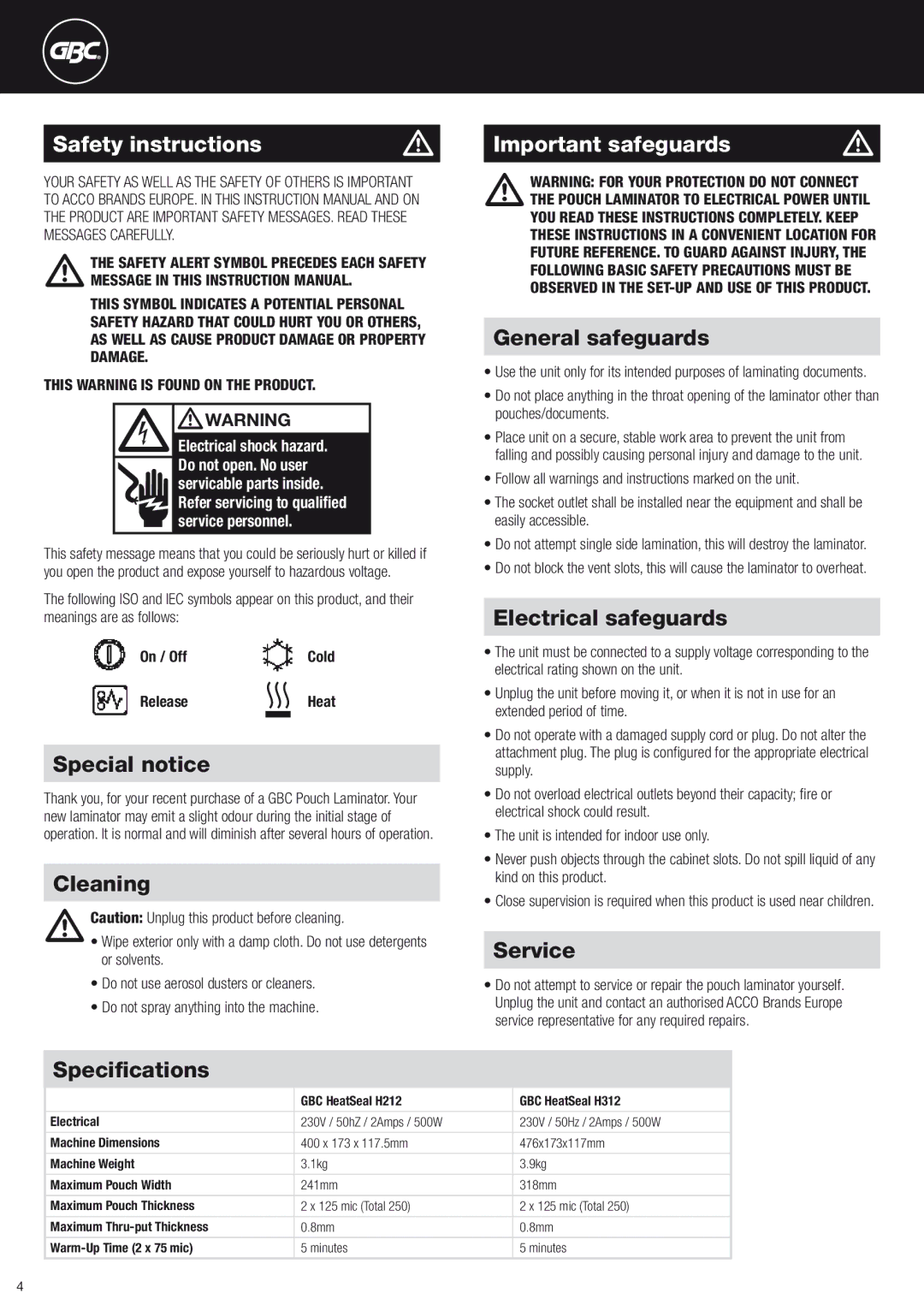 ACCO Brands H212, H312 instruction manual Safety instructions, Important safeguards 