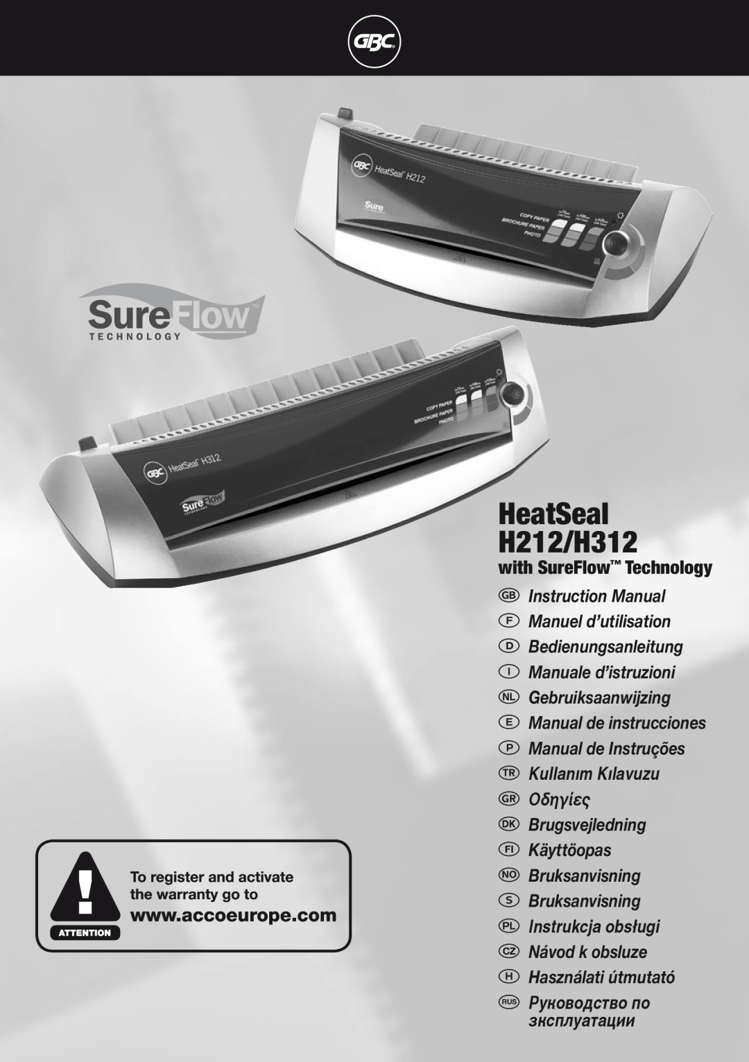 ACCO Brands instruction manual with SureFlow Technology, HeatSeal H212/H312, oRUS Руководствo по зкcплyатации 