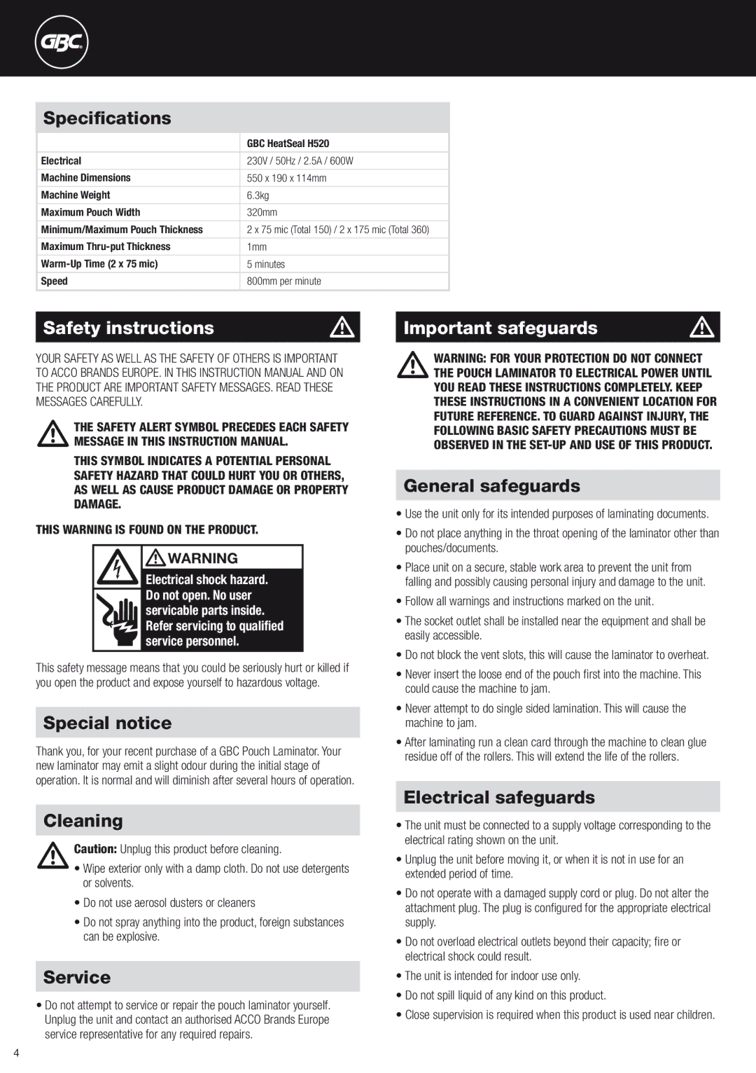 ACCO Brands H520 instruction manual Safety instructions, Important safeguards 