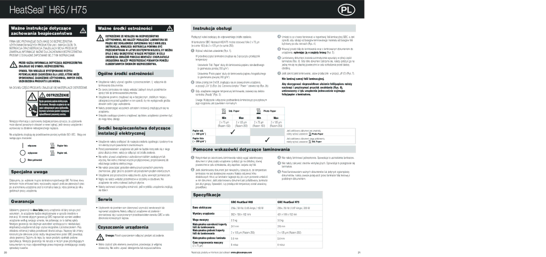 ACCO Brands H75, H65 instruction manual Wa˝ne instrukcje dotyczàce zachowania bezpieczeƒstwa, Wa˝ne Êrodki ostro˝noÊci 