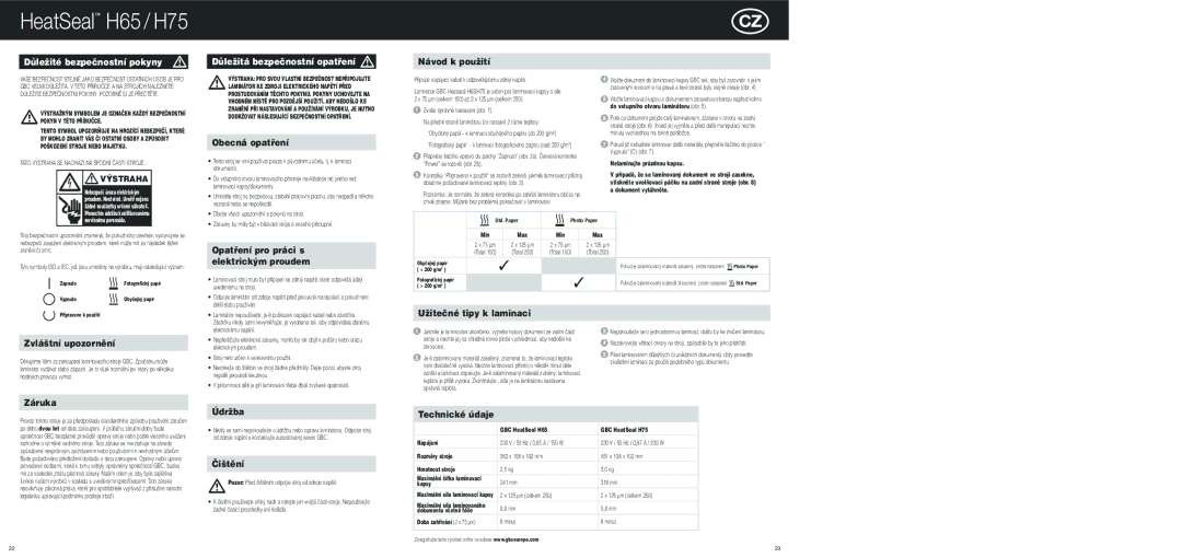 ACCO Brands H65, H75 instruction manual DÛleÏité bezpeãnostní pokyny, DÛleÏitá bezpeãnostní opatﬁení 