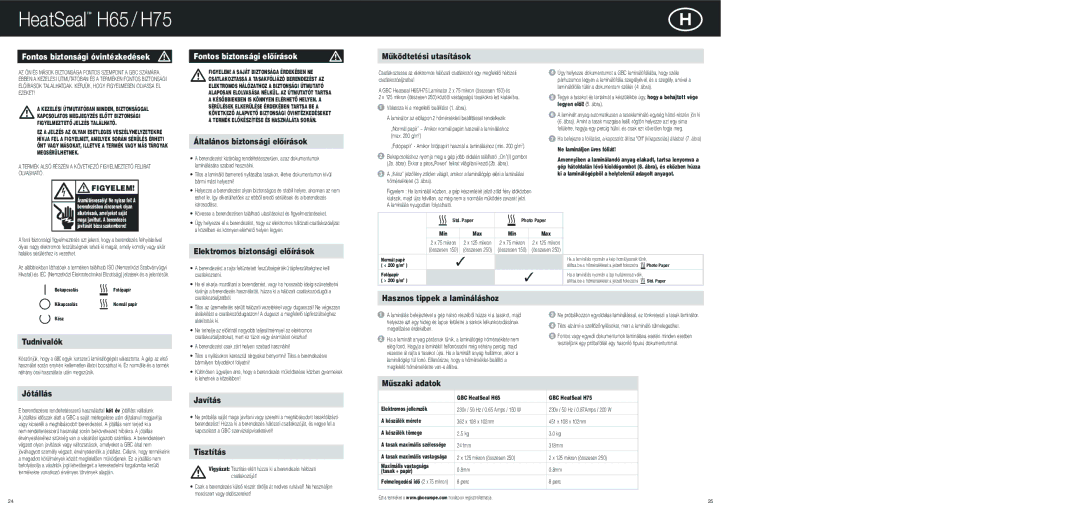 ACCO Brands H75, H65 instruction manual Fontos biztonsági óvintézkedések, Fontos biztonsági elŒírások 